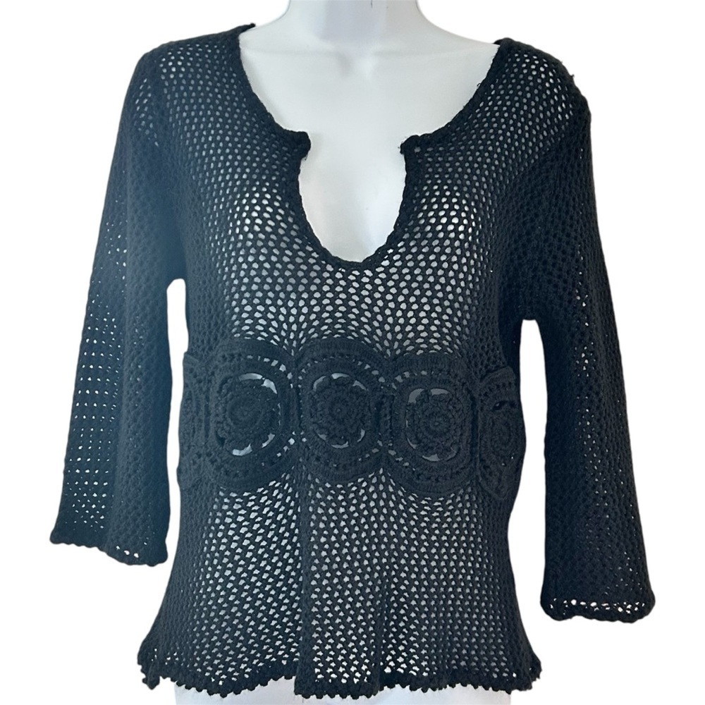 Y2K Whimsigoth Open Knit Fishnet Black Sweater Top Size S Whimsigoth Boho